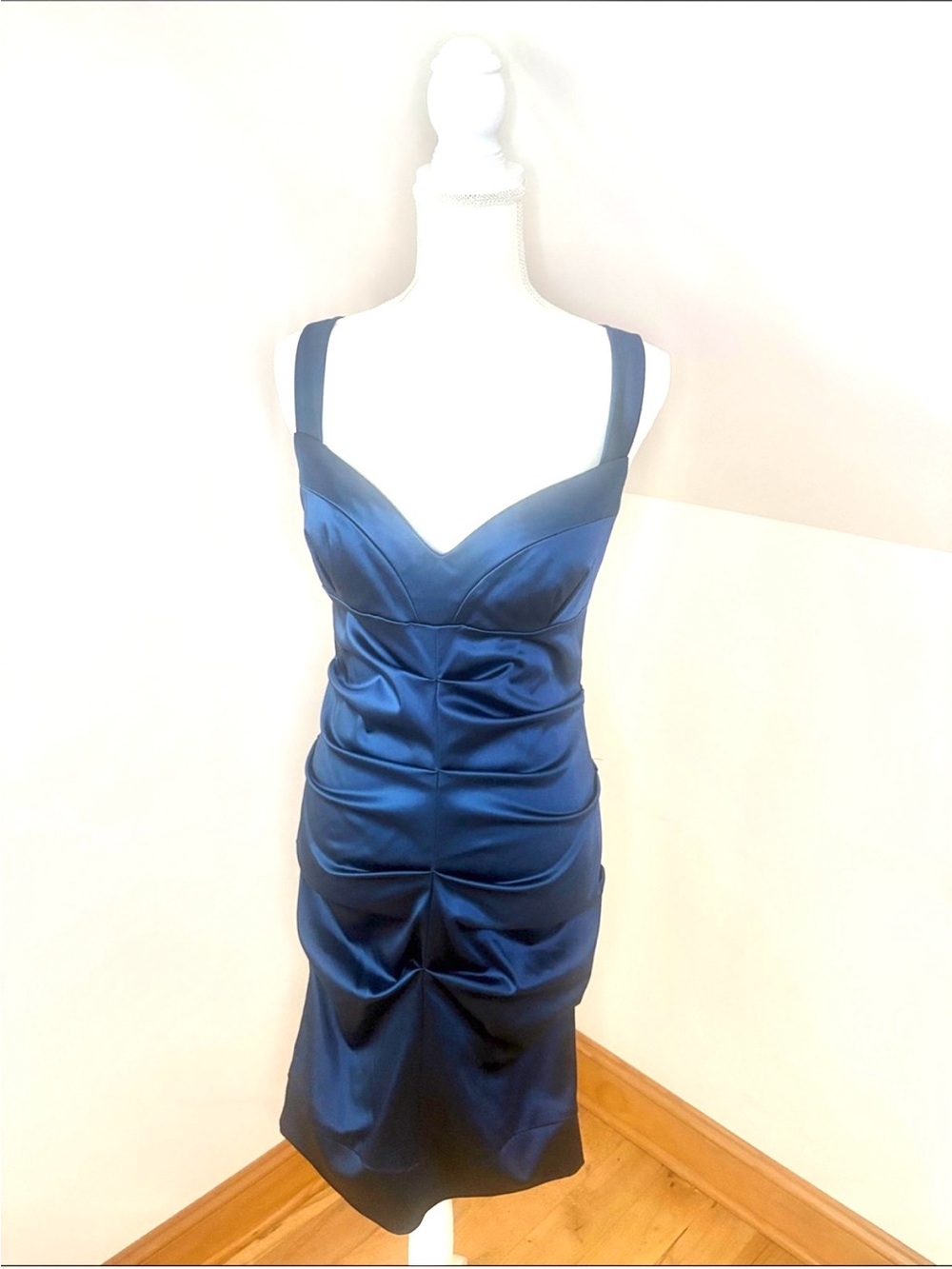 Nicole Miller Midnight Blue Satin Ruched Sheath Dress